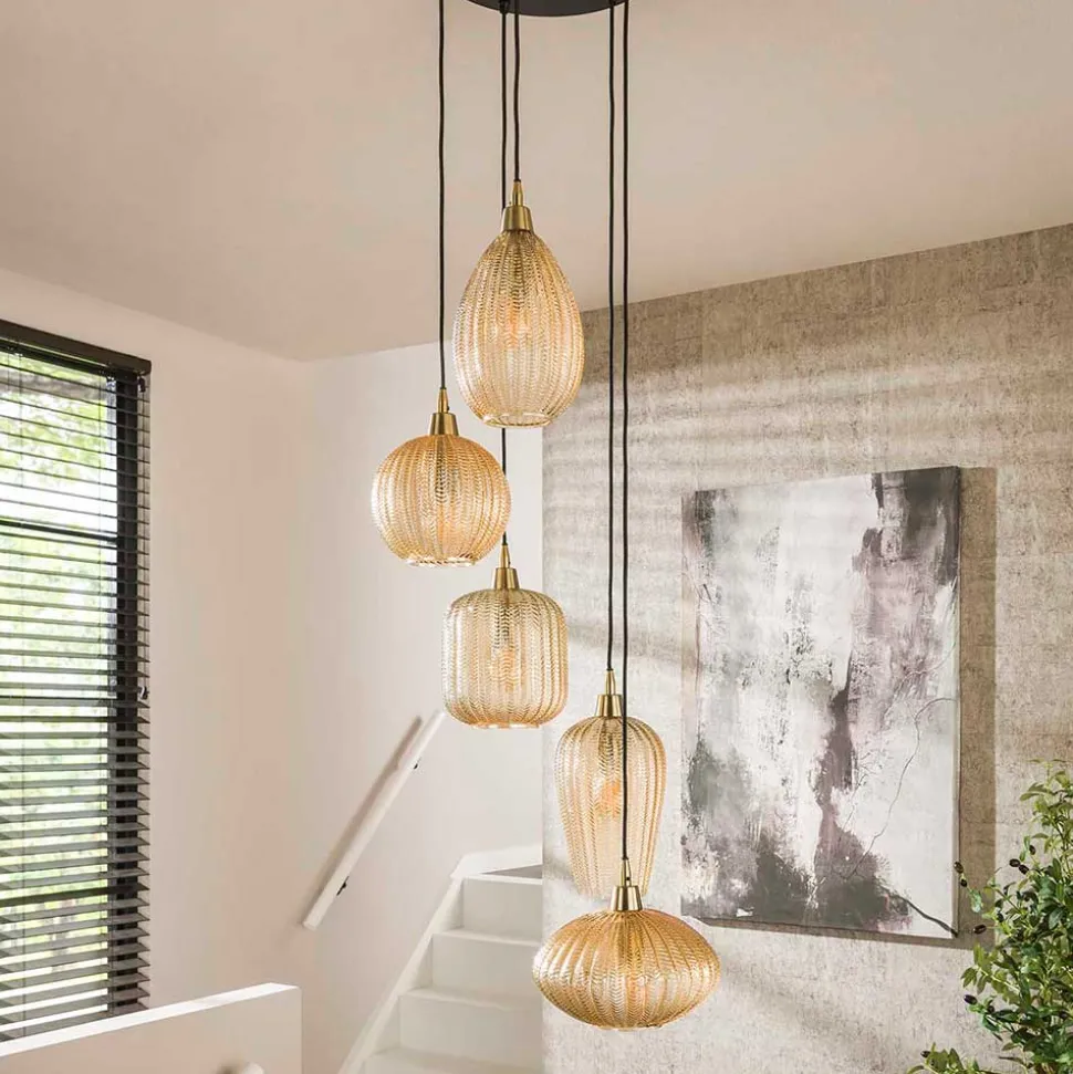 5-flammige Hängelampe mit Braunglas Schirmen - Infermo