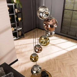 7-flammige Hängeleuchte mit Metallic Glasschirmen - Elizabeth