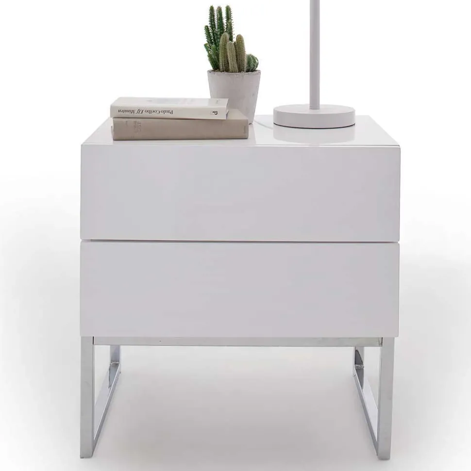 Günstige Design Nachtkommode in Weiß Merin mit Chrom