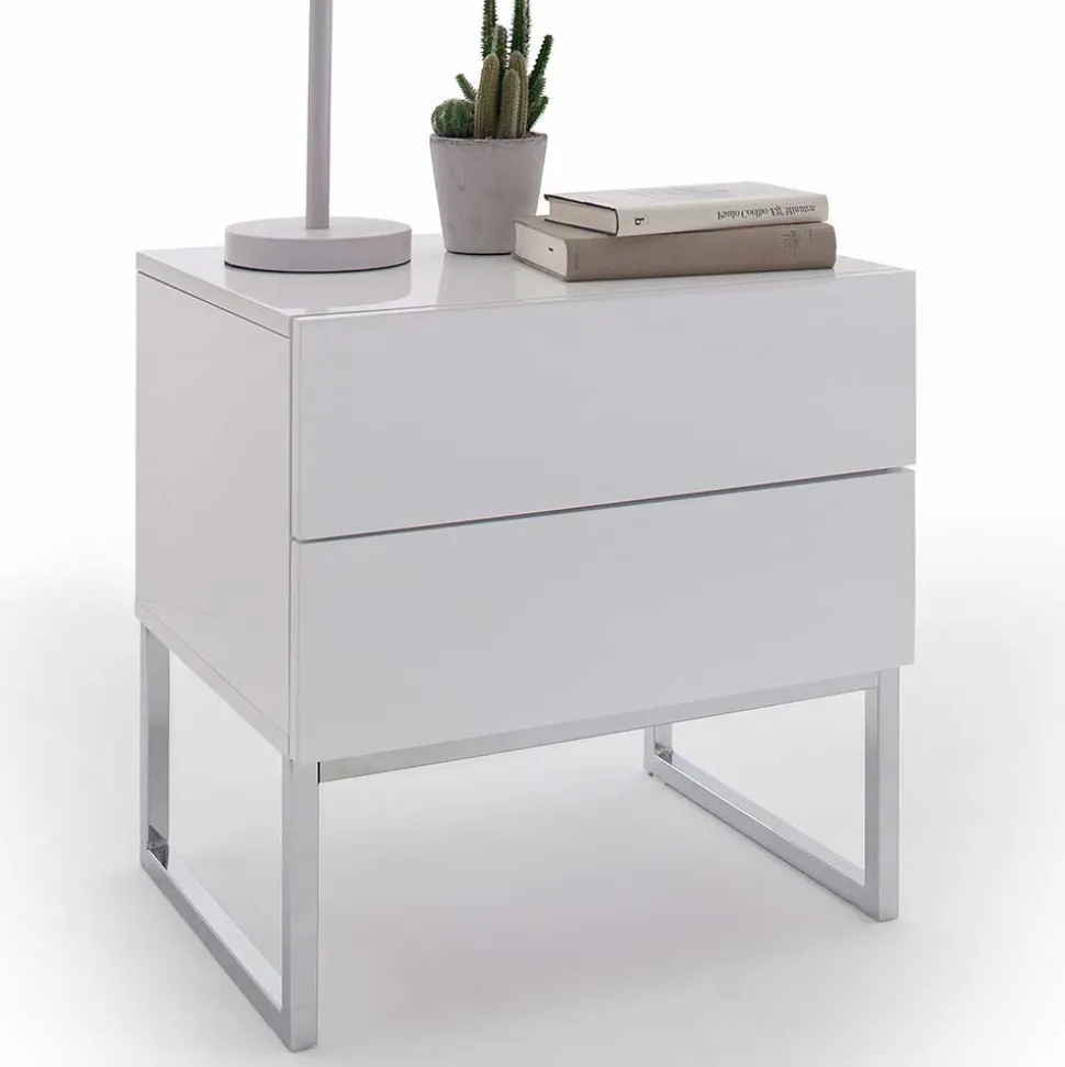 Günstige Design Nachtkommode in Weiß Merin mit Chrom