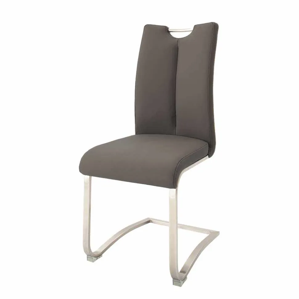 Grauer Lederstuhl mit Edelstahl - Yetarra (2er Set)