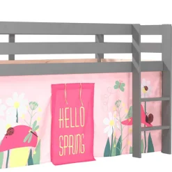 Graues Massivholz-Kinder-Hochbett mit Vorhang - Baptisto