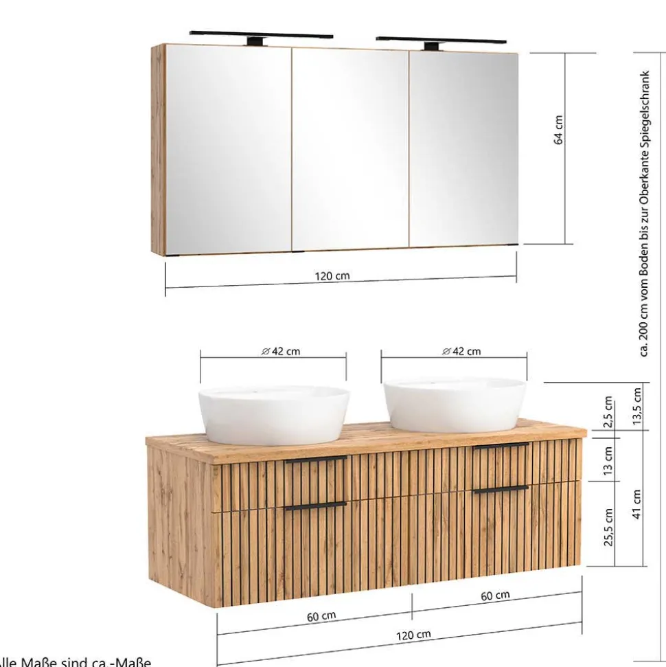 Großer Waschplatz mit 2 Becken & Badschränke - Crystoga (vierteilig)