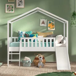 Halbhohes Hochbett mit Hausdach & Rutsche - Graphit