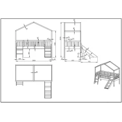 Halbhohes Hochbett mit Hausdach & Rutsche - Graphit