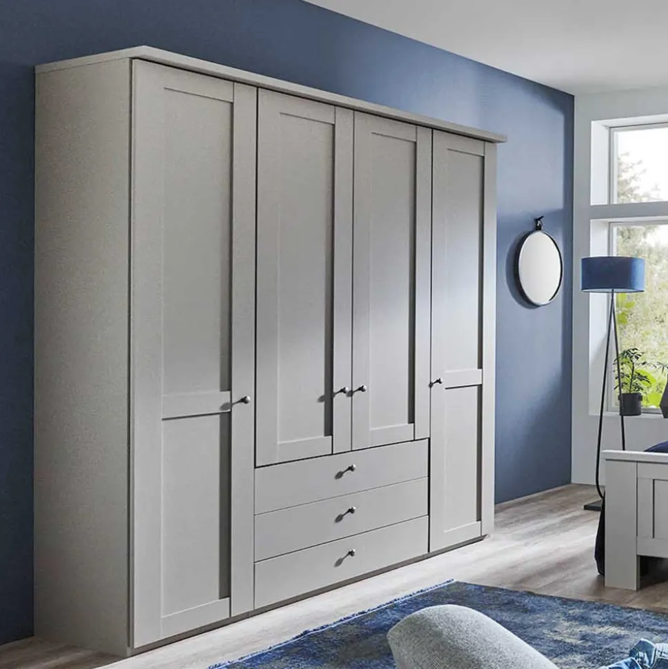 Hellgrauer Kleiderschrank mit Metallgriffen - Ridonna