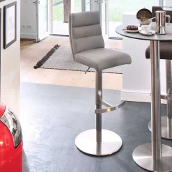 Höhenverstellbarer Barstuhl in Hellgrau Kunstleder Olivera & Edelstahl