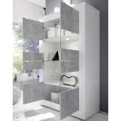 Highboard Vitrine in Beton Optik & Weiß HG - Narandu
