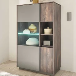 Highboard Vitrine in Eiche Dunkel & Grau - Mundo