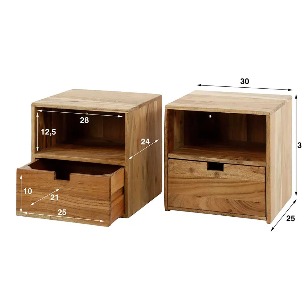 Hängende Nachtkommoden aus Akazie - Materra (2er Set)
