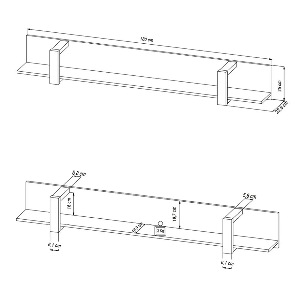 Hängeregal in Schwarz - 180 cm - Dudleys