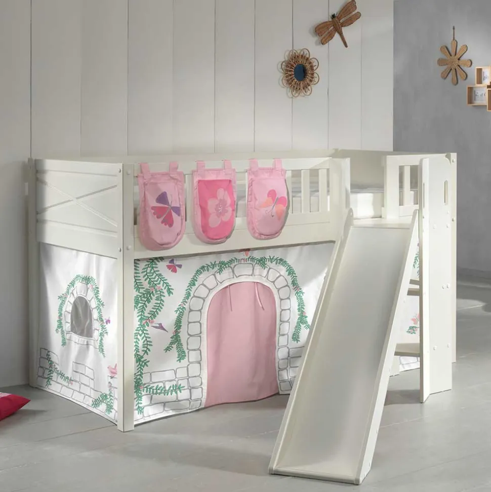 Hochbett mit schräger Rutsche Schmetterlinge und Burg - Jimm