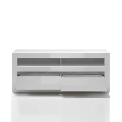 Hochglanz TV Anbauwand in Weiß Mextra mit Beton Dekor (vierteilig)