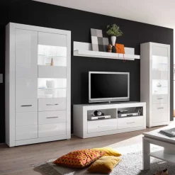 Hochglanz TV Anbauwand in Weiß Yulis optional mit LED (vierteilig)