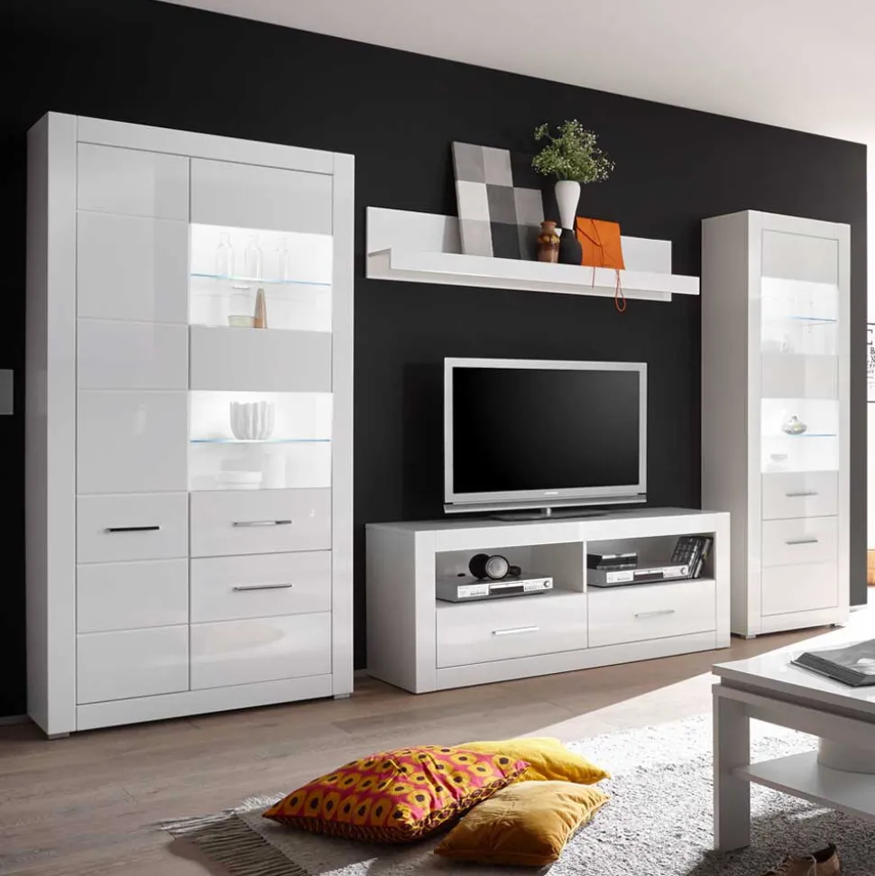Hochglanz TV Anbauwand in Weiß Yulis optional mit LED (vierteilig)