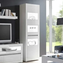 Hochglanz Vitrine in Weiß mit Beton Dekor Mextra 2-türig