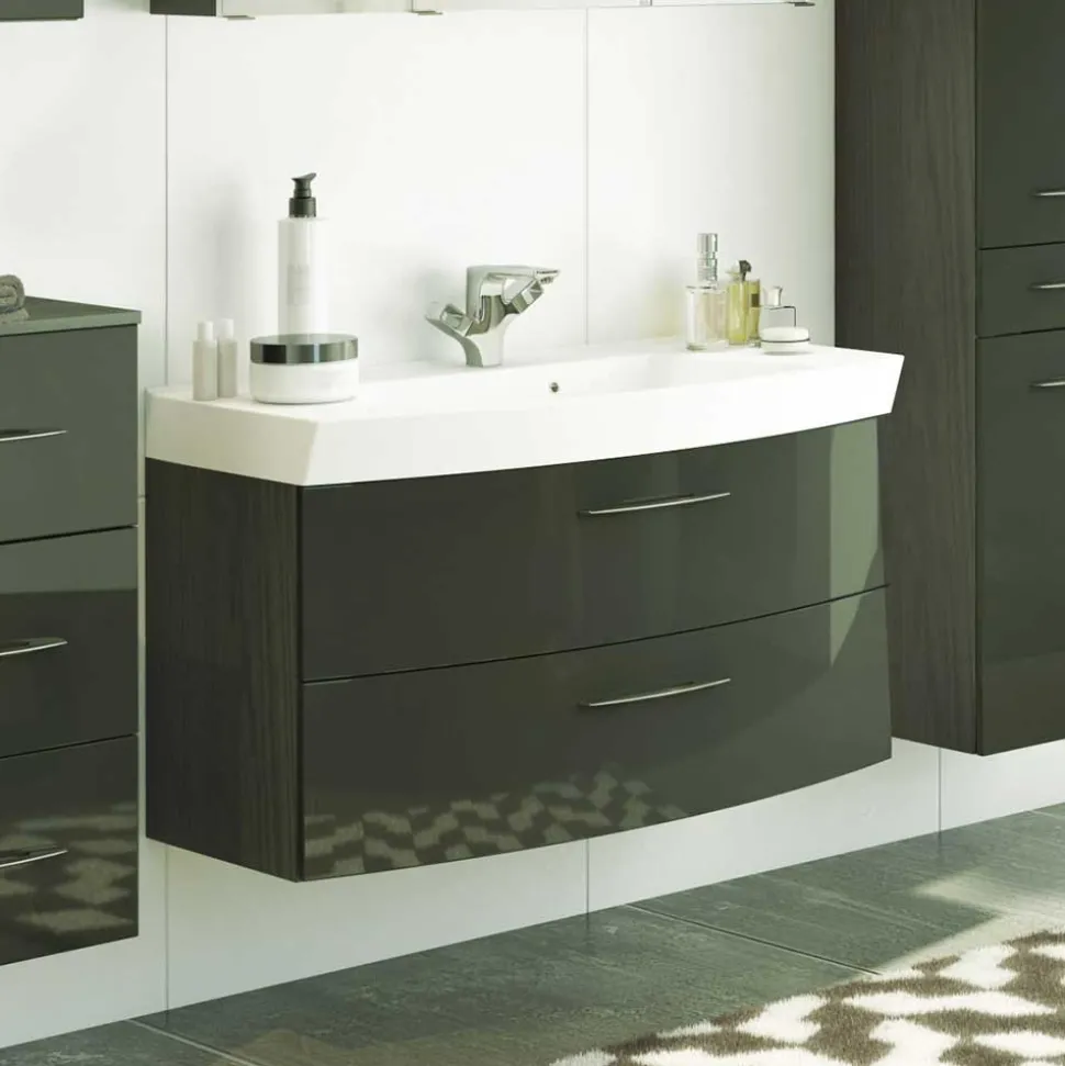 Hochglanz Waschplatz in Dunkelgrau mit Schubladen Mladen inkl. Becken