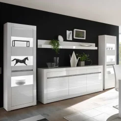 Hochglanz Wohnkombination in Weiß Mextra mit Beton Dekor & Glas (vierteilig)