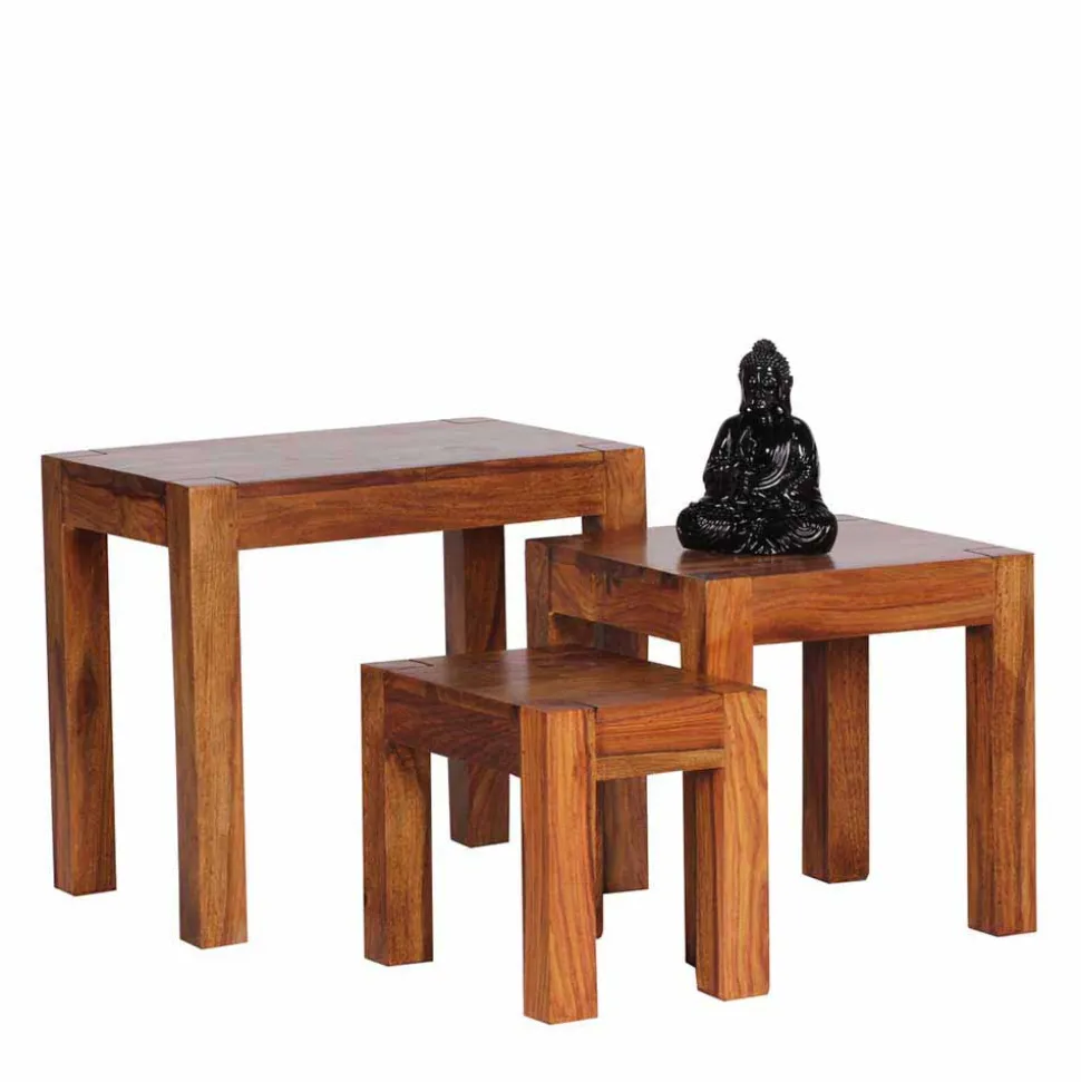 Holz Beistelltisch 3er-Set Hoslo aus Sheesham massiv (dreiteilig)
