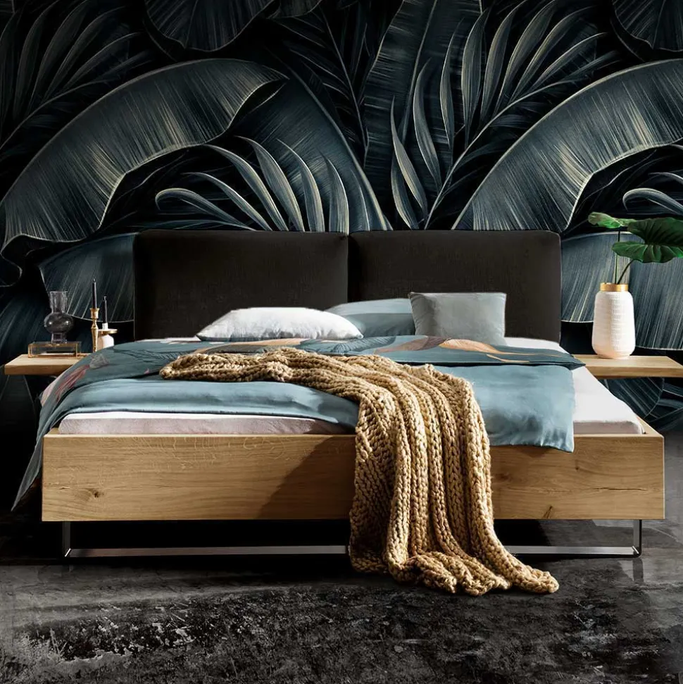 Holzbett mit Chenille Kopfteil & Nachttische - Nadescha (dreiteilig)