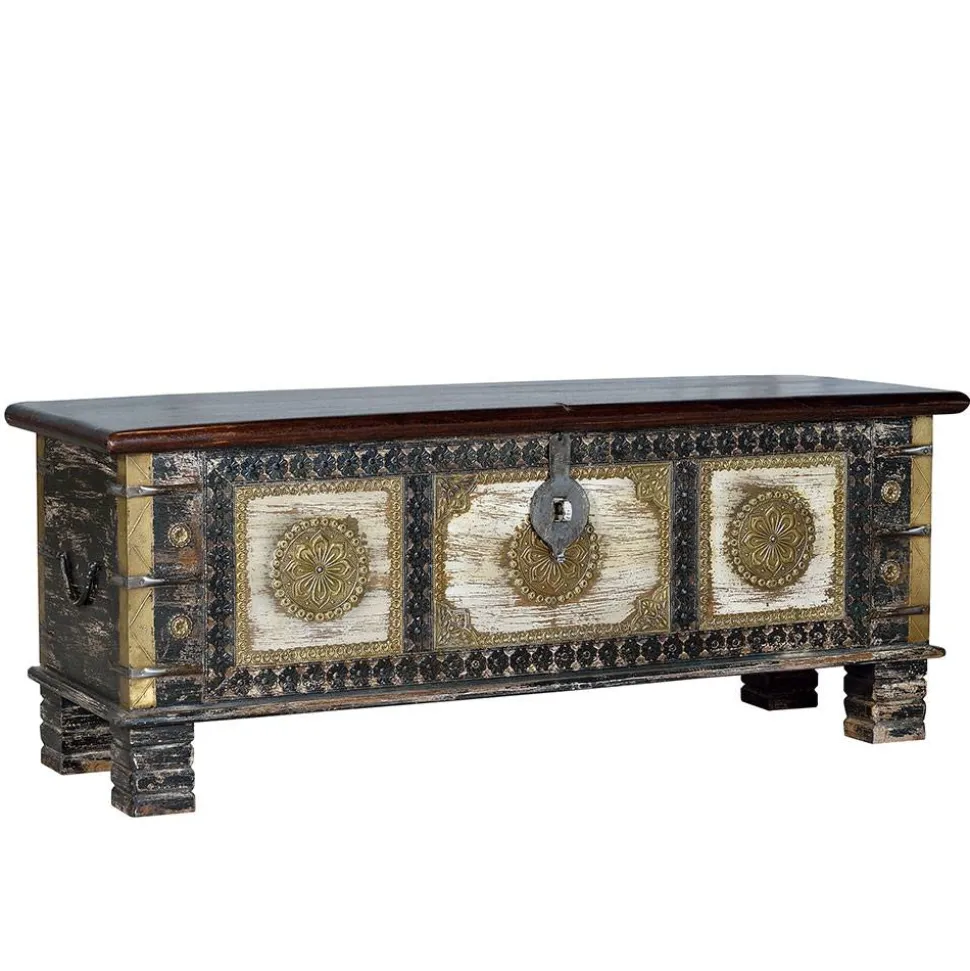 Holztruhe in Schwarz Antikweiß Bronze Braun - Rene