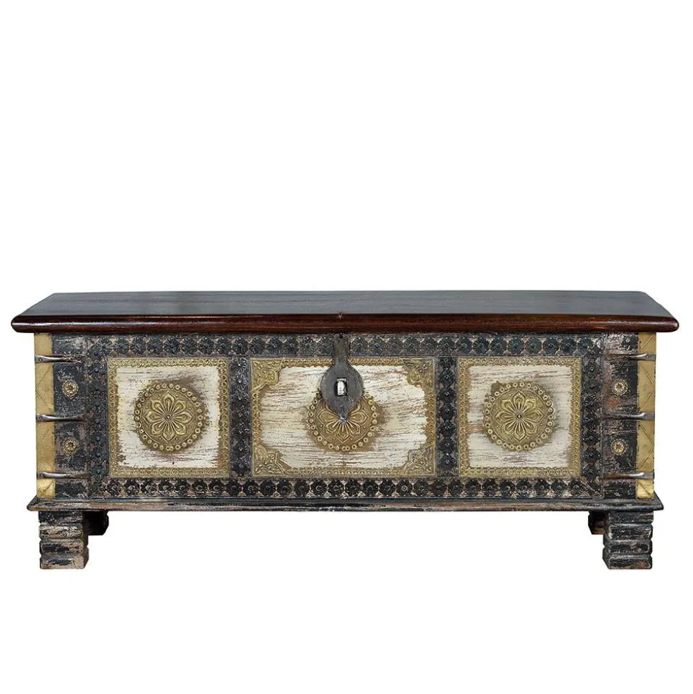 Holztruhe in Schwarz Antikweiß Bronze Braun - Rene