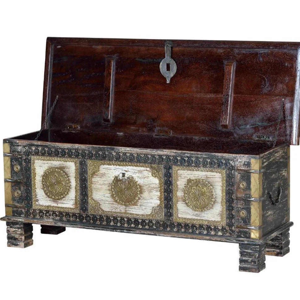 Holztruhe in Schwarz Antikweiß Bronze Braun - Rene