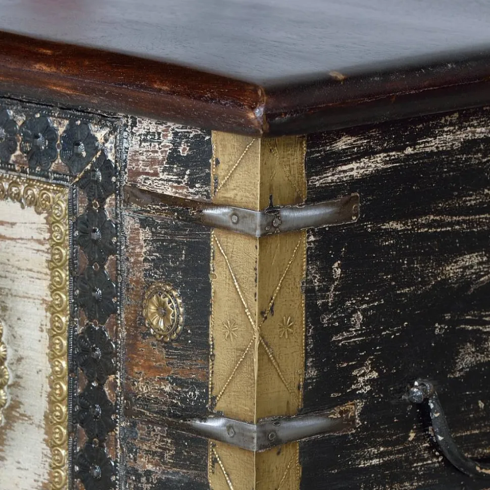 Holztruhe in Schwarz Antikweiß Bronze Braun - Rene