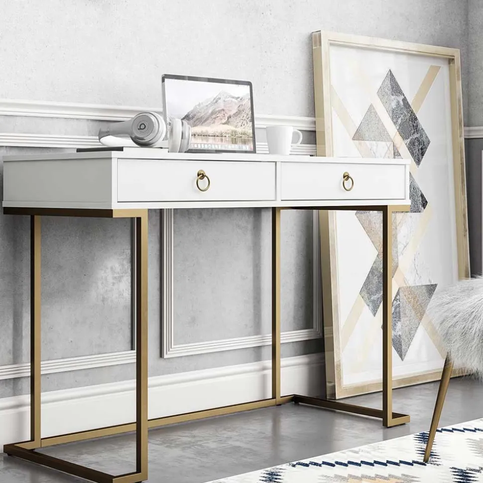 Home Office Schreibtisch in Weiß und Messing - Luco