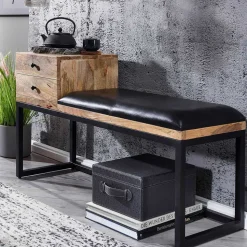 Industrial Flurbank mit Ledersitz in Schwarz - Mariono