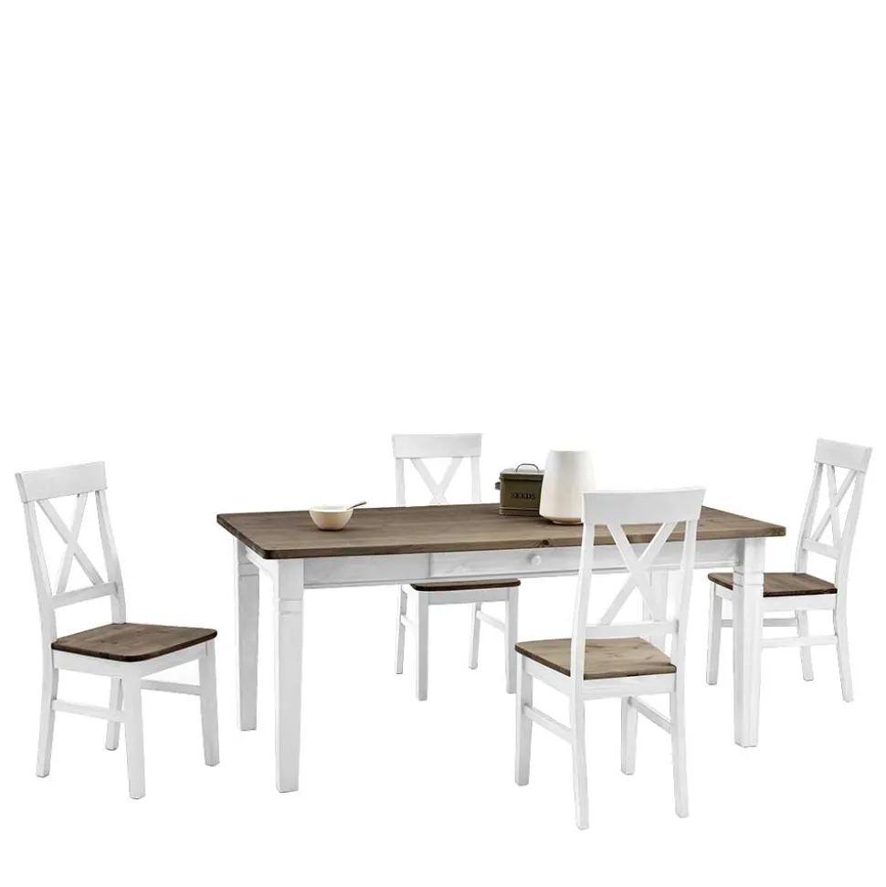 Kiefer Esstischgruppe Yoan in Weiß Grau (fünfteilig)