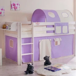 Kinderhochbett Turino mit Tunnel und Vorhang in Lila Beige