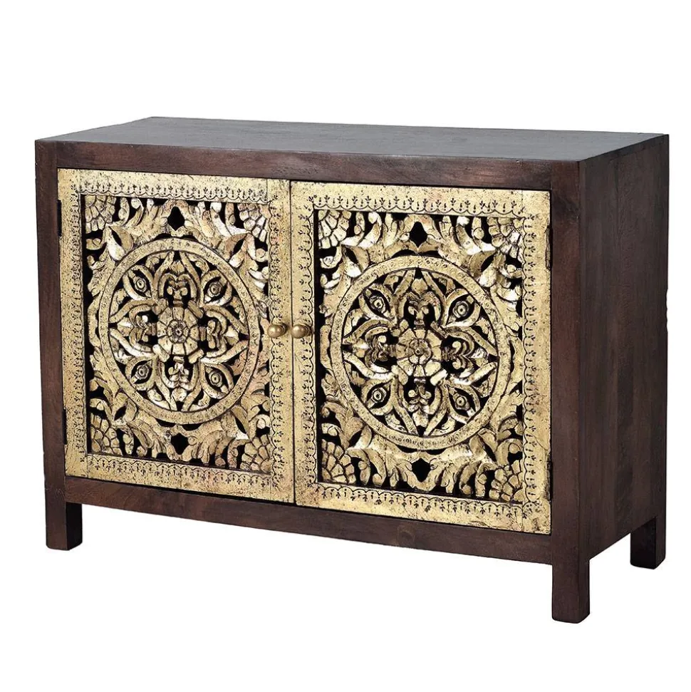 Kommode in Gold und Walnuss Braun - Roswito