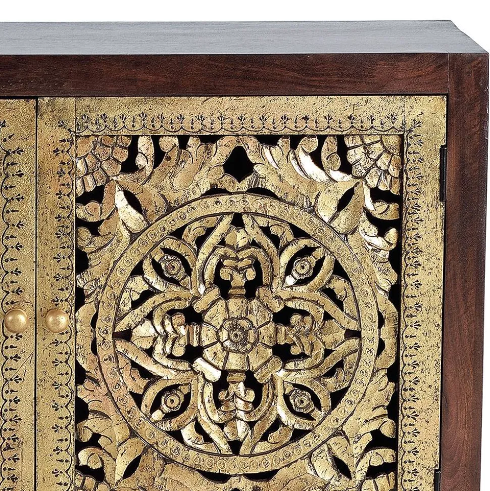 Kommode in Gold und Walnuss Braun - Roswito