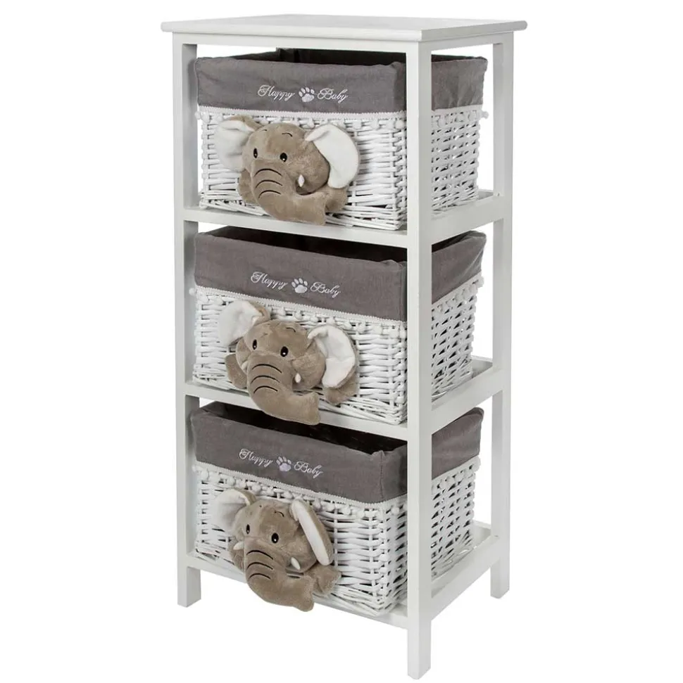 Kommode mit 3 Körben mit Plüsch Elefanten in Grau - Lusiana