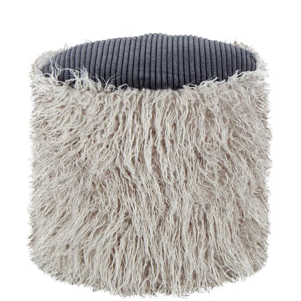 Kunstfell Pouf in Hellgrau mit Cord Dunkelgrau - Valbera