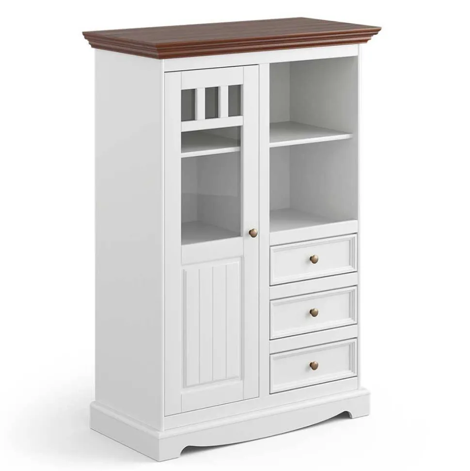 Landhaus Highboard in Weiß und Nussbaum Braun - Manipur