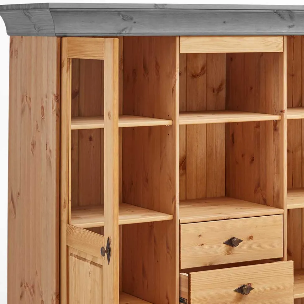 Landhaus Highboard mit Glas aus Kiefer - Eshelas