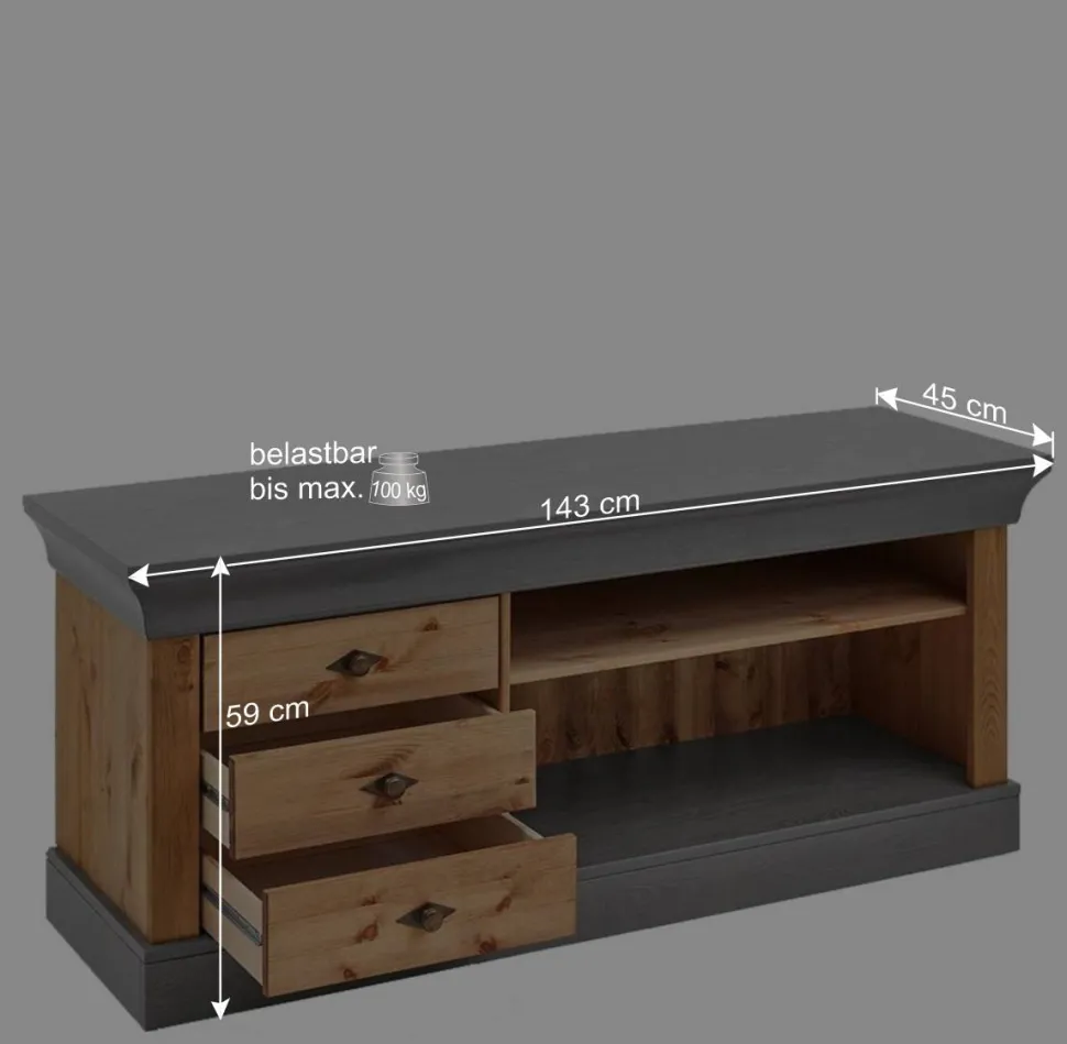 Landhaus Lowboard mit 3 Schubladen & 2 Fächern - Eshelas