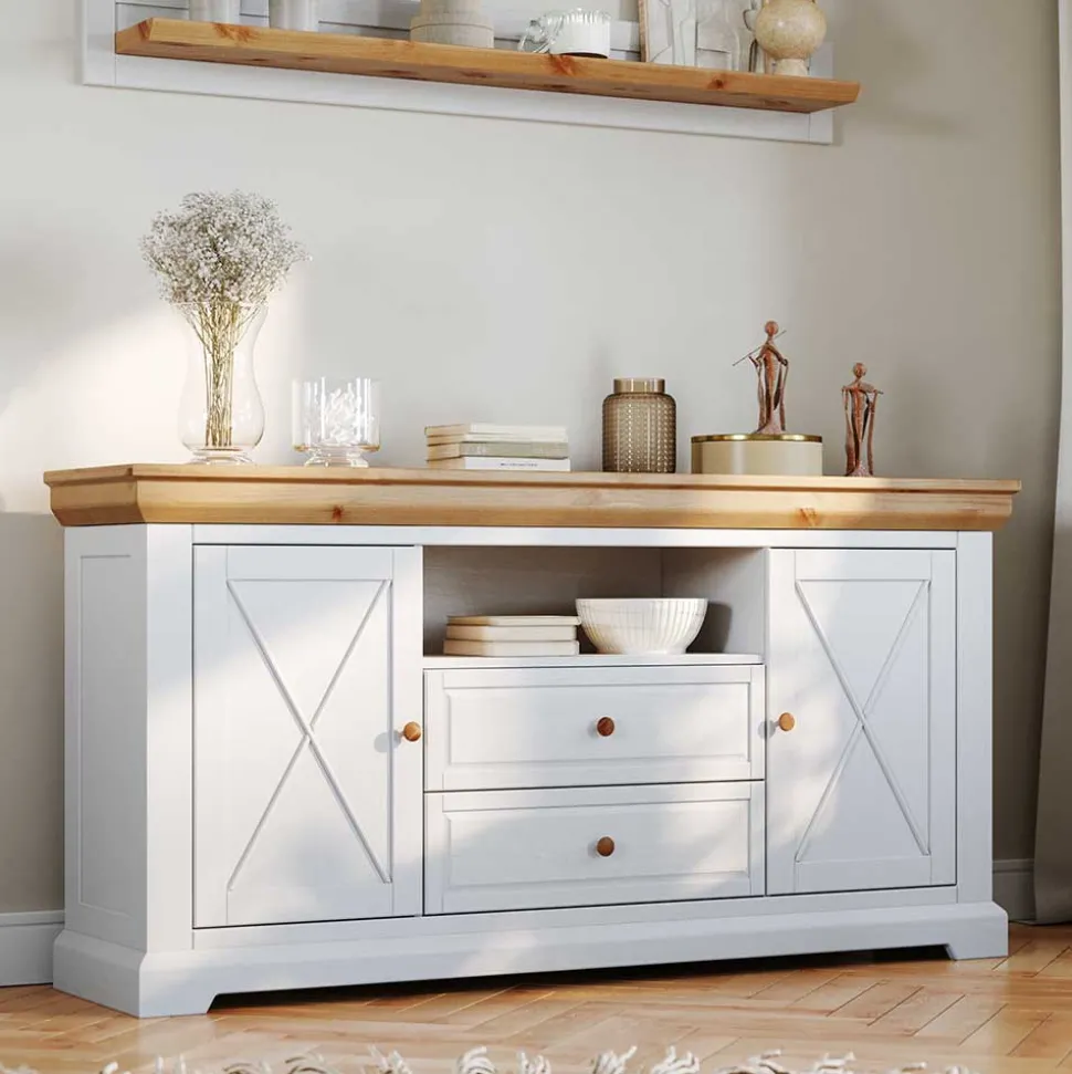 Landhaus Sideboard in Weiß & Natur Kiefer - Saluts