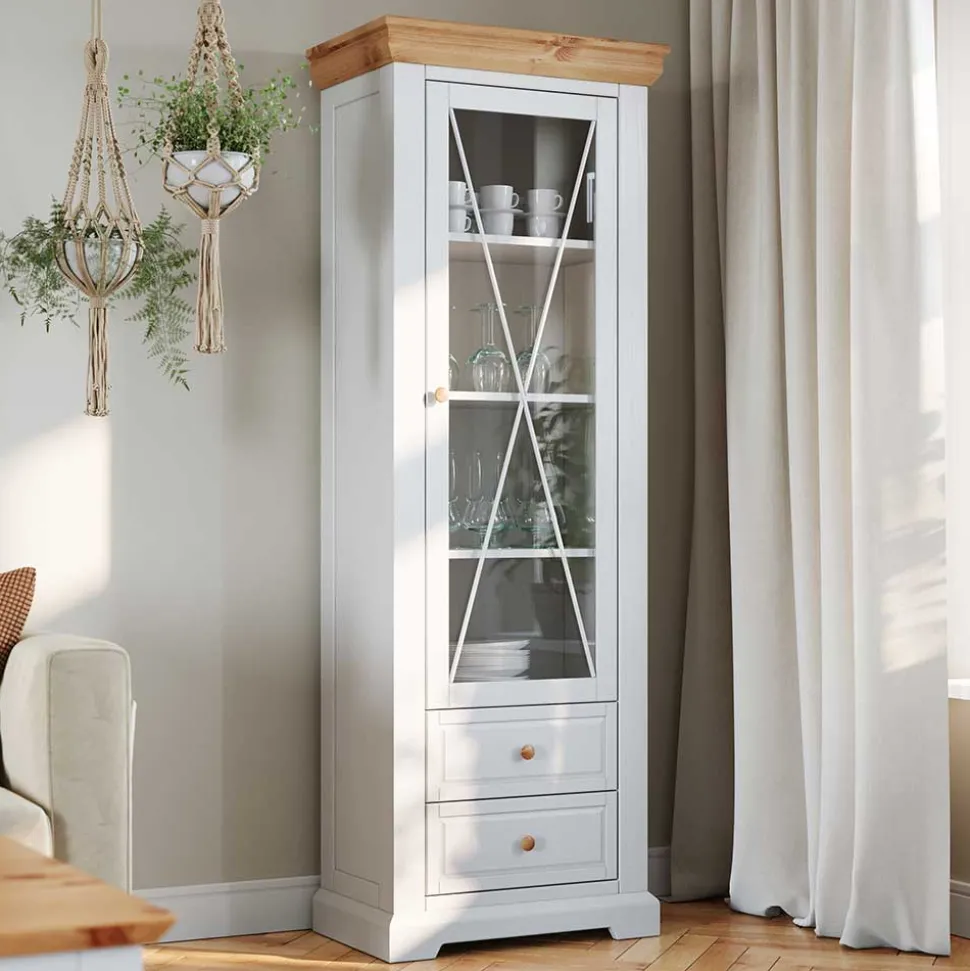 Landhaus Vitrine in Weiß & Kiefer Natur - Saluts