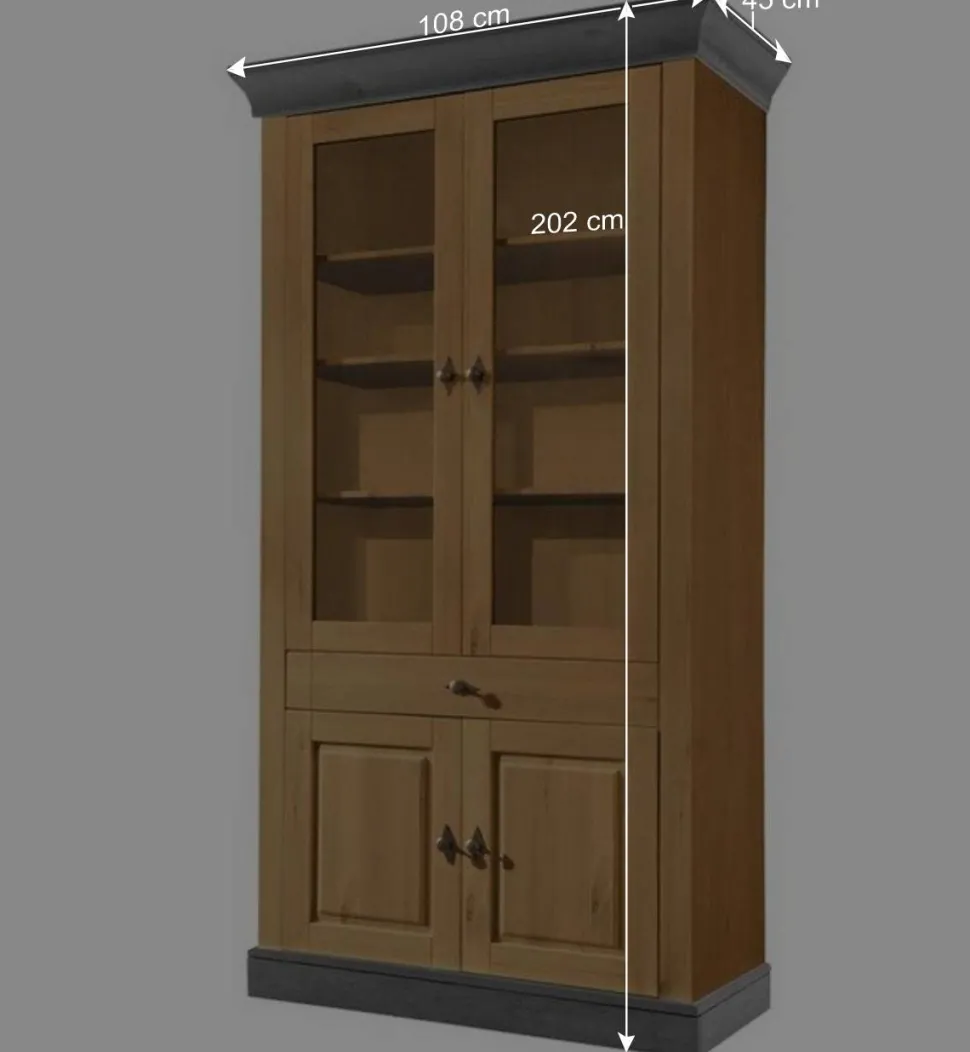 Landhaus Vitrinenschrank in Kiefer Lauge & Grau - Eshelas