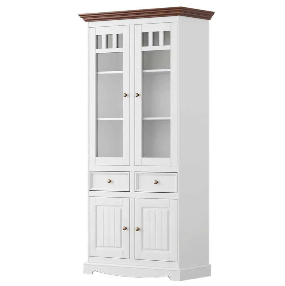 Landhaus Vitrinenschrank in Weiß mit Nussbaum - Manipur