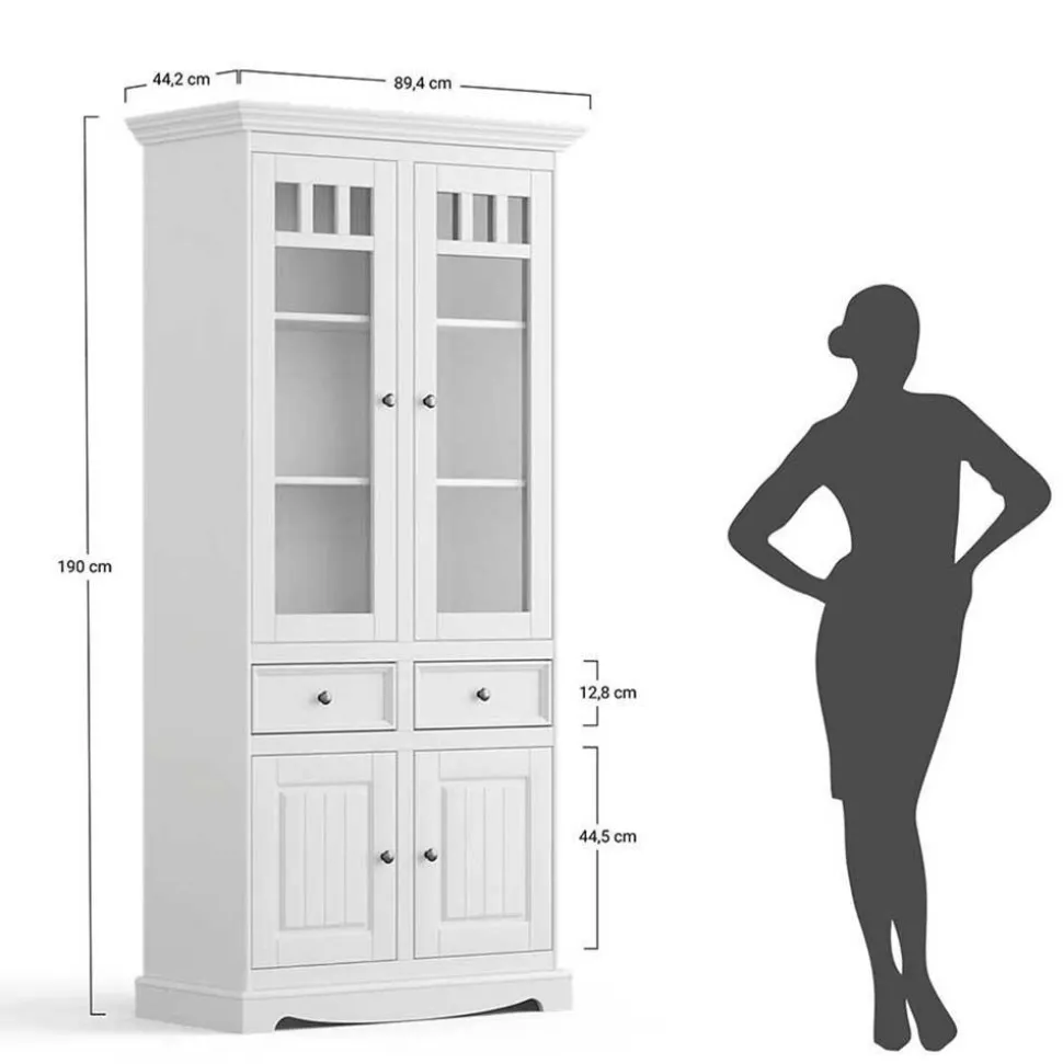 Landhaus Vitrinenschrank in Weiß mit Nussbaum - Manipur