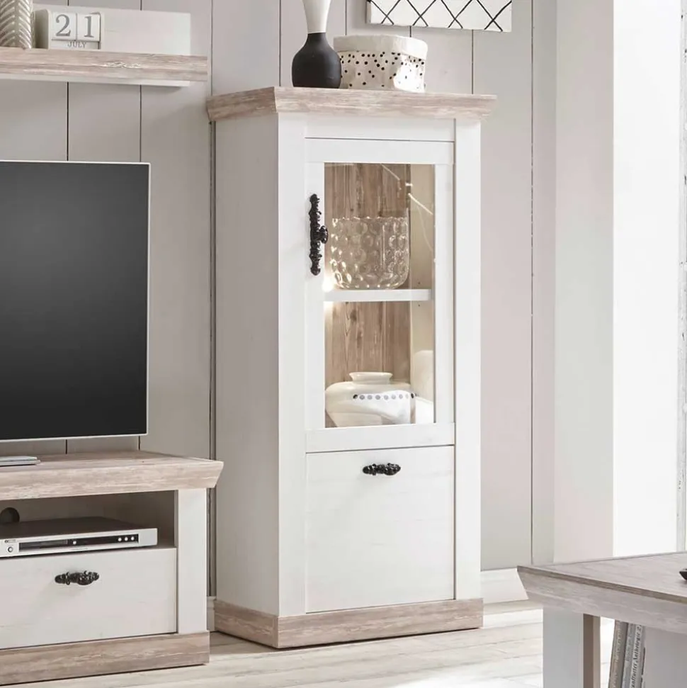 Landhaus Wohnzimmer Möbel Set Nedita in Weiß & Pinie (vierteilig)