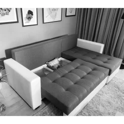 L-Design Bettcouch in Dunkelblau und Hellgrau - Genns