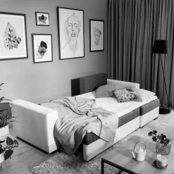 L-Design Bettcouch in Dunkelblau und Hellgrau - Genns