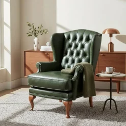 Leder Ohrensessel in Oliv Grün - Chesterfield - Jaiko