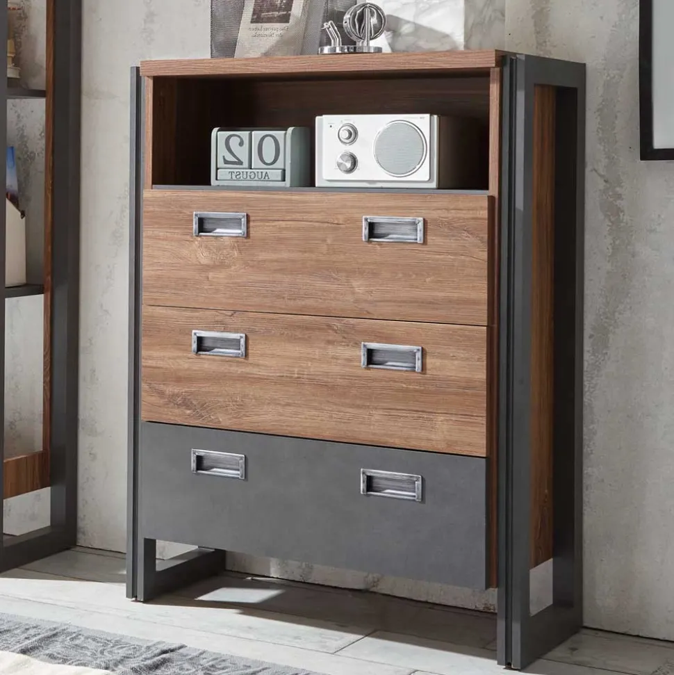 Loft Design Kommode im Eiche dunkel Dekor und Schwarz - Rompira