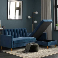 L-Schlafsofa in Blau Samt - Astomon